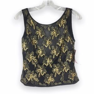 NWT JS Collections Womens Size 4 Black‎ Gold Floral Sequin Sleeveless Top Shirt